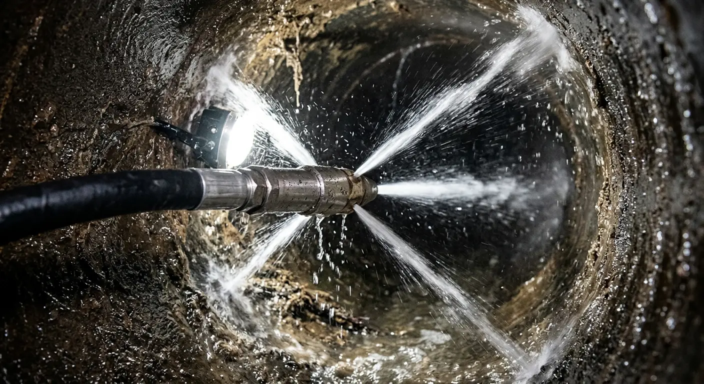 High-pressure hydro jetting nozzle cleaning sewer pipe for Trenchless Sewer Repair in Templeton