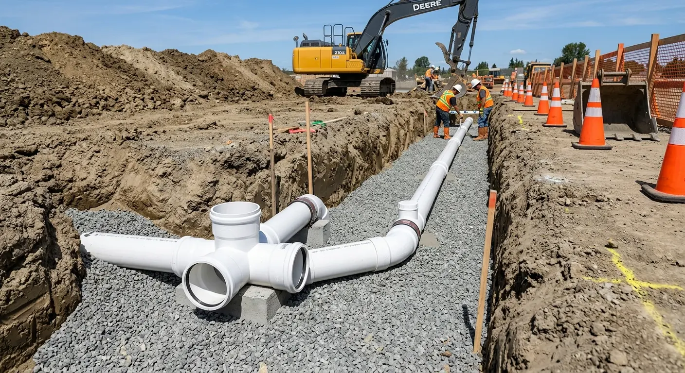 New PVC sewer pipe installation in open trench for Sewer Backup in Templeton