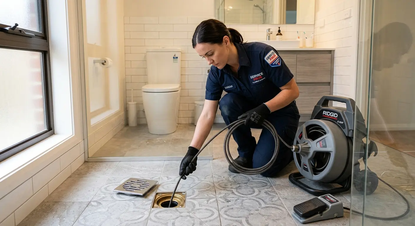 Technician clearing a bathroom floor drain for Sewer Line Replacement in Templeton